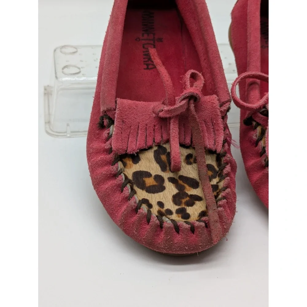 Minnetonka Girls Moccasins Size 1 Pink Suede Leopard Print Fringe Shoes